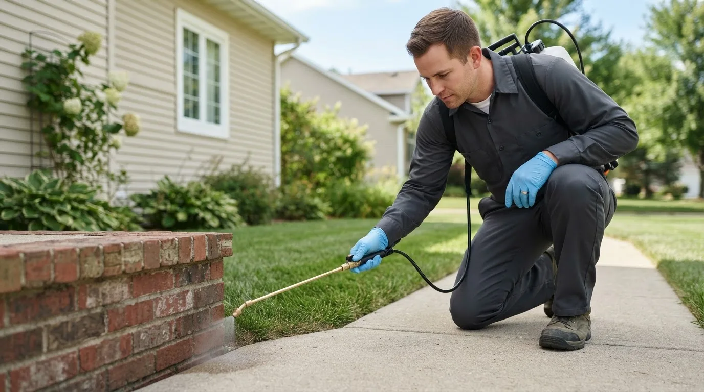 Pest control technician treating a home near River Falls, WI