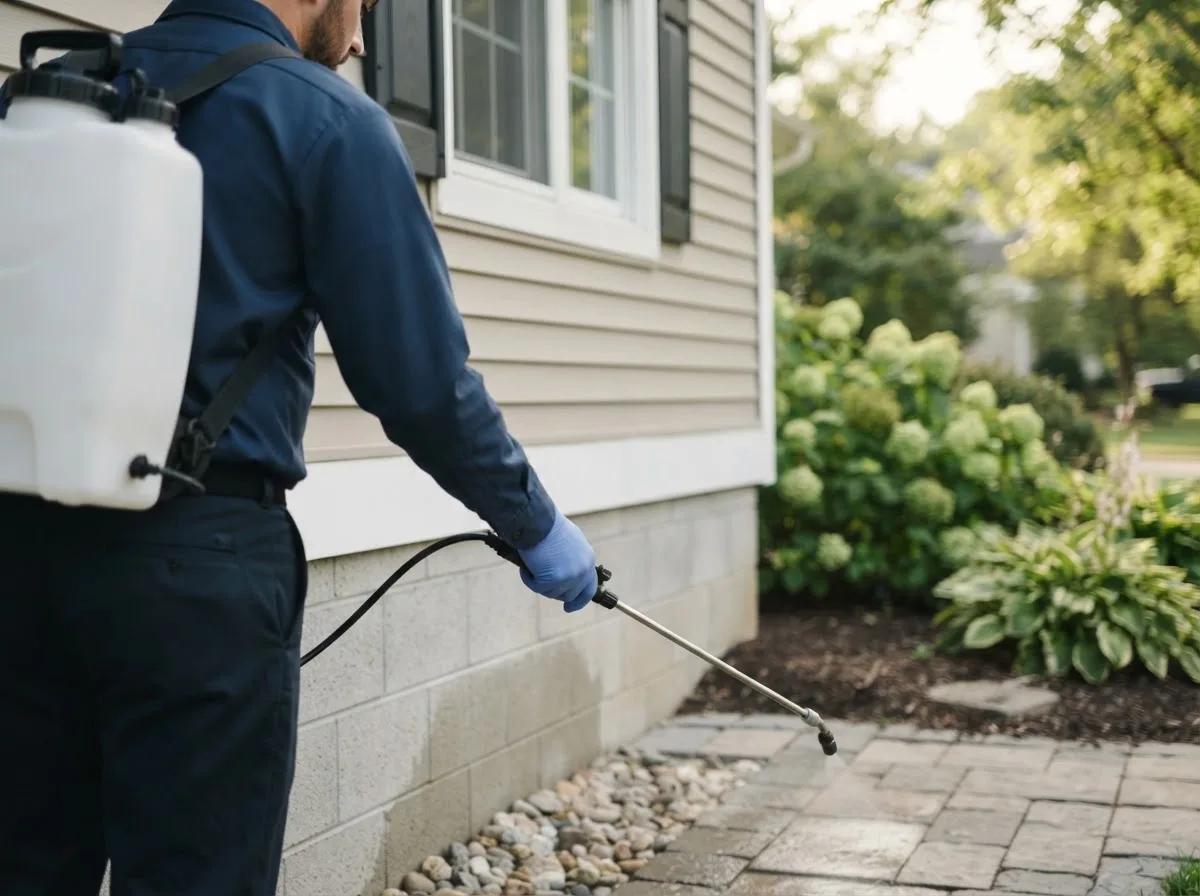 Pest control technician inspecting a home in River Falls, WI